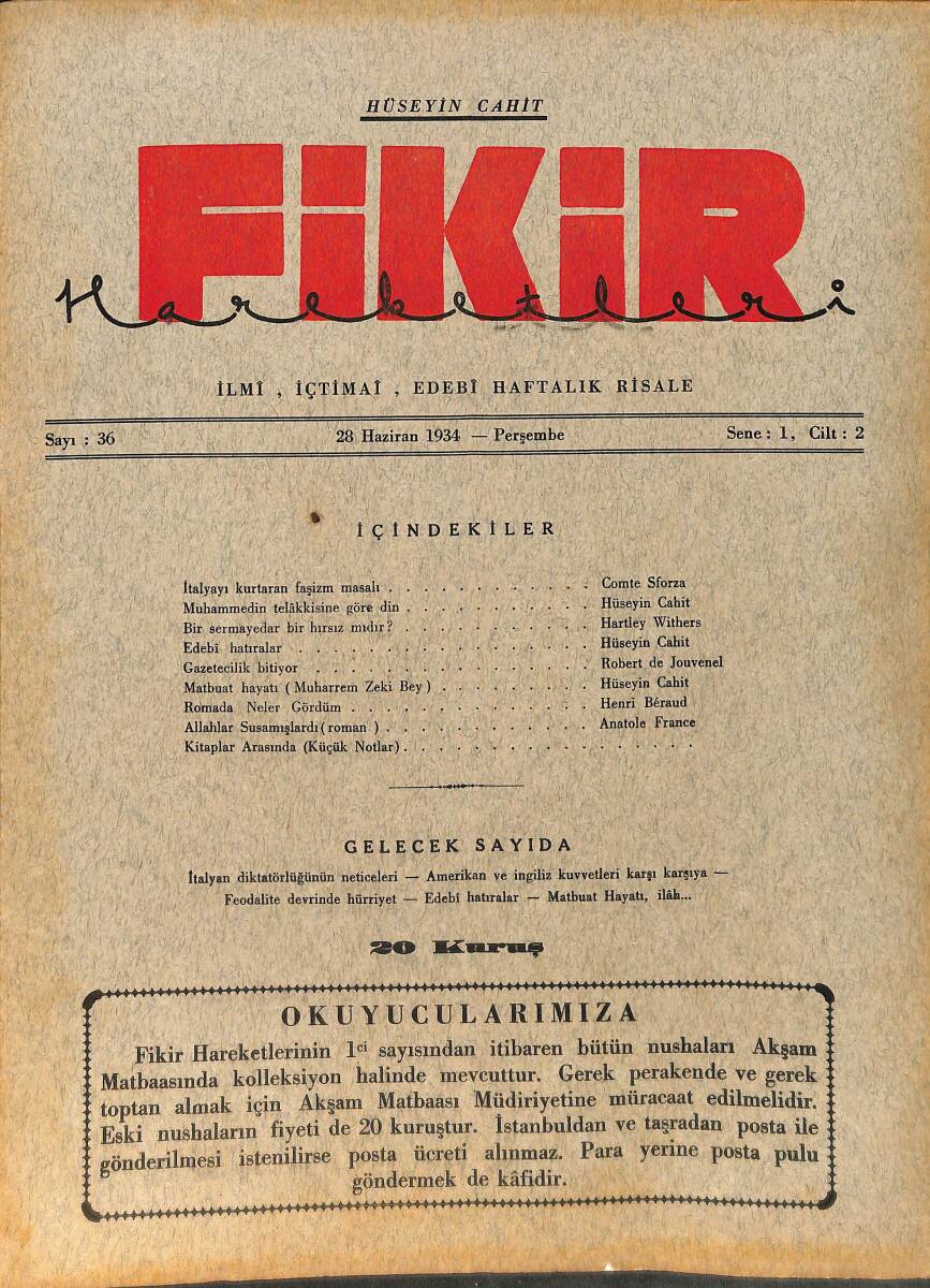 Fikir Hareketleri İlmi, İçtimai, Edebi Haftalık Risale 28 Haziran 1934 Sayı: 36 - Hüseyin Cahit Yalçın - Anatole France NDR98771 - 1