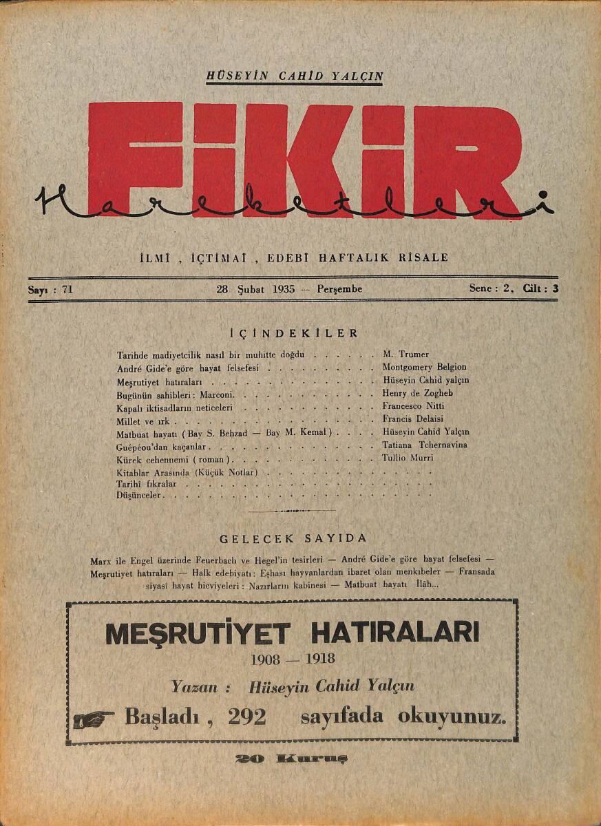 Fikir Hareketleri İlmi, İçtimai, Edebi Haftalık Risale 28 Şubat 1935 Sayı: 71- Hüseyin Cahit Yalçın - Tullio Murri NDR98754 - 1