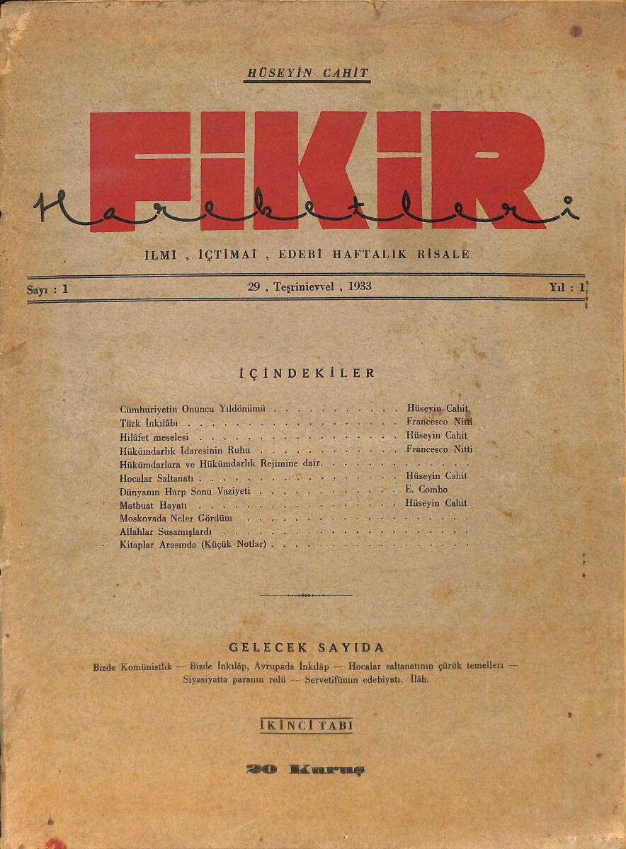 Fikir Hareketleri İlmi, İçtimai, Edebi Haftalık Risale 29 Ekim (Teşrinievvel) 1933 Sayı: 1 - Hüseyin Cahit Yalçın NDR98746 - 1