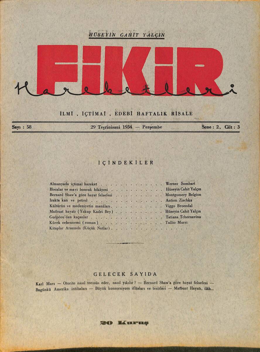 Fikir Hareketleri İlmi, İçtimai, Edebi Haftalık Risale 29 Kasım (Teşrinisani) 1934 Sayı: 58 - Hüseyin Cahit Yalçın - Werner Sombart NDR98795 - 1