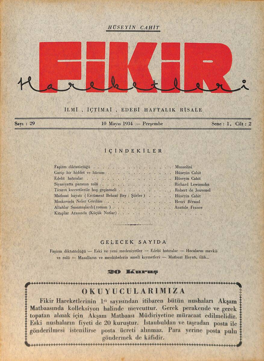 Fikir Hareketleri İlmi, İçtimai, Edebi Haftalık Risale 29 Mayıs 1934 Sayı: 29 - Hüseyin Cahit Yalçın - Anatole France NDR98778 - 1