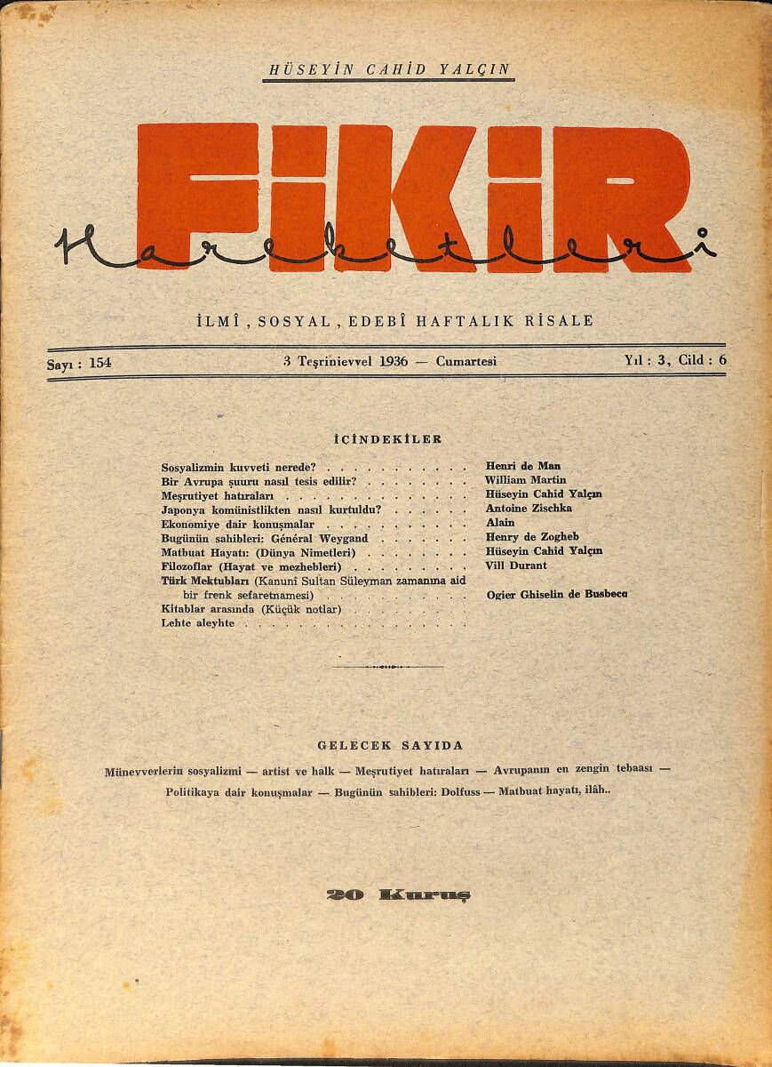 Fikir Hareketleri İlmi, İçtimai, Edebi Haftalık Risale 3 Ekim (Teşrinievvel) 1936 Sayı: 154 - Hüseyin Cahit Yalçın NDR99446 - 1