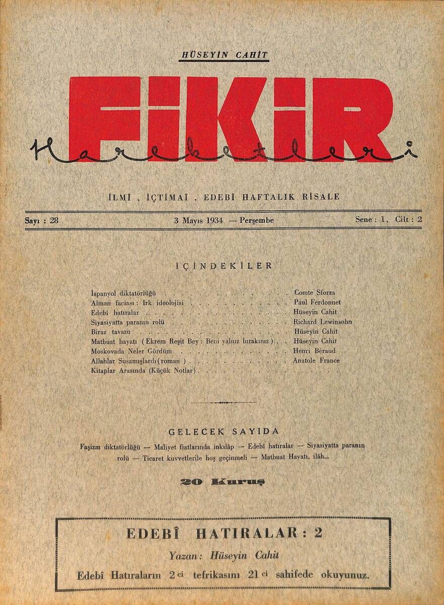 Fikir Hareketleri İlmi, İçtimai, Edebi Haftalık Risale 3 Mayıs 1934 Sayı: 28- Hüseyin Cahit Yalçın - Comte Sforza NDR98779 - 1
