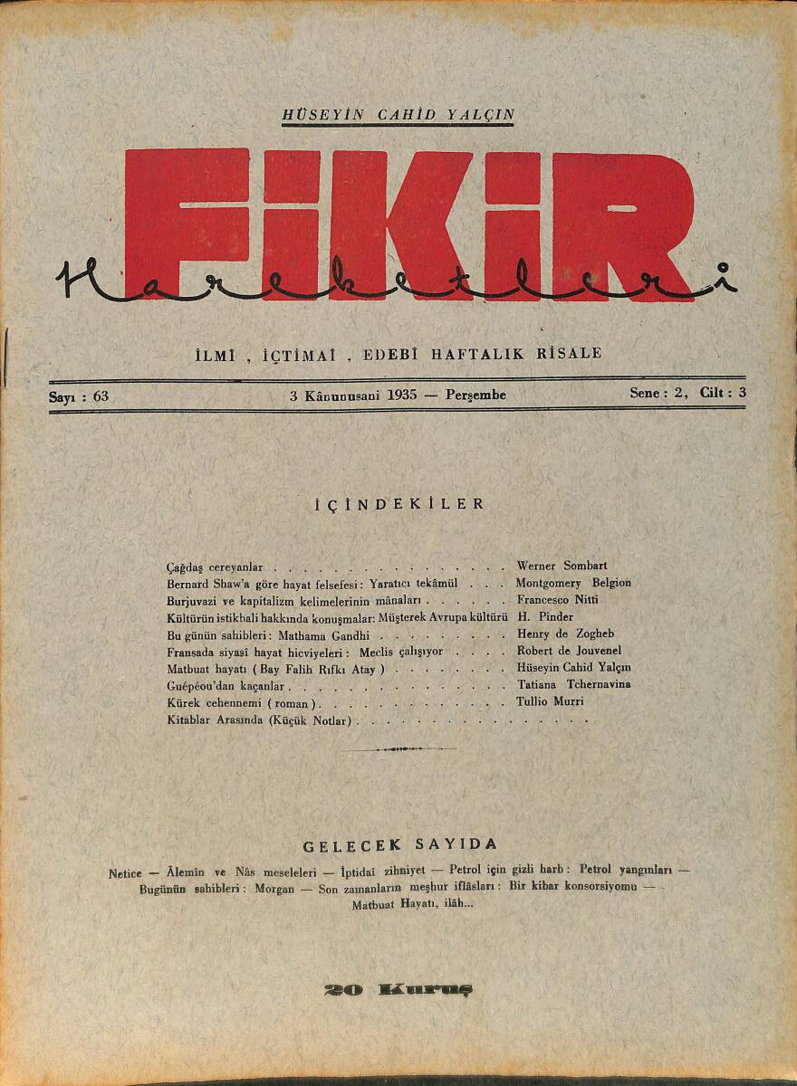 Fikir Hareketleri İlmi, İçtimai, Edebi Haftalık Risale 3 Ocak (Kanunisani) 1935 Sayı: 63 - Hüseyin Cahit Yalçın - Werner Sombart NDR98762 - 1