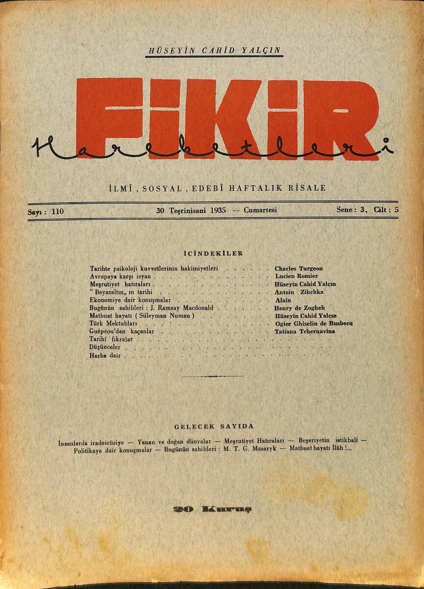 Fikir Hareketleri İlmi, İçtimai, Edebi Haftalık Risale 30 Kasım (Teşrinisani) 1935 Sayı: 110 - Hüseyin Cahit Yalçın NDR99420 - 1