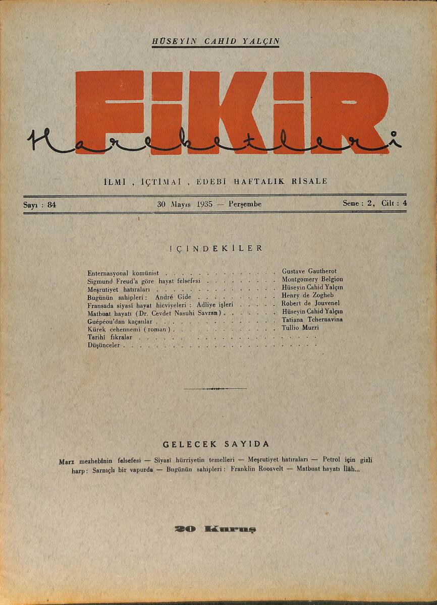 Fikir Hareketleri İlmi, İçtimai, Edebi Haftalık Risale 30 Mayıs 1935 Sayı: 84 - Hüseyin Cahit Yalçın - Gustave Gautherot NDR98802 - 1