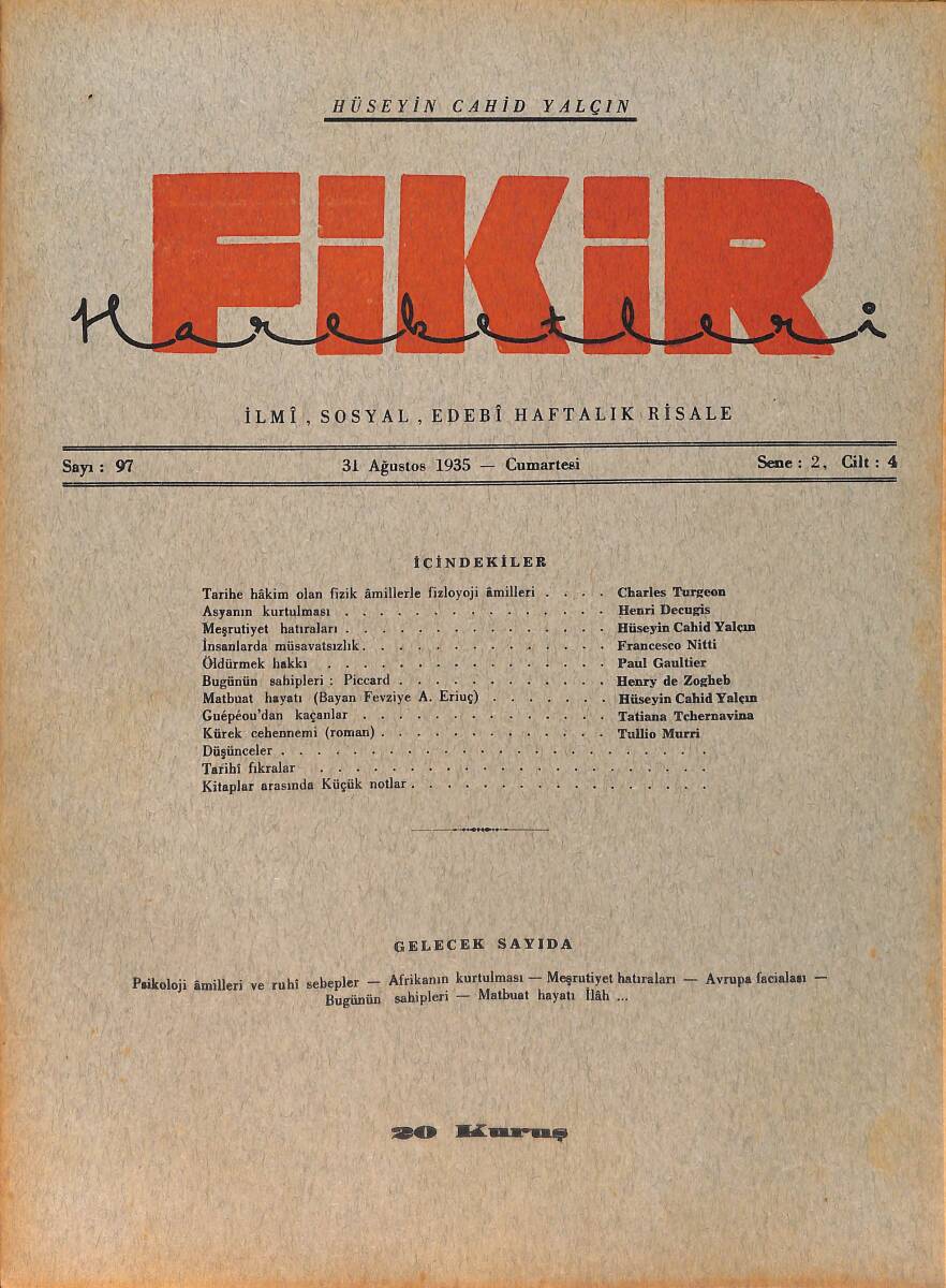 Fikir Hareketleri İlmi, İçtimai, Edebi Haftalık Risale 31 Ağustos 1935 Sayı: 97 - Hüseyin Cahit Yalçın - Charles Turgeon NDR98784 - 1