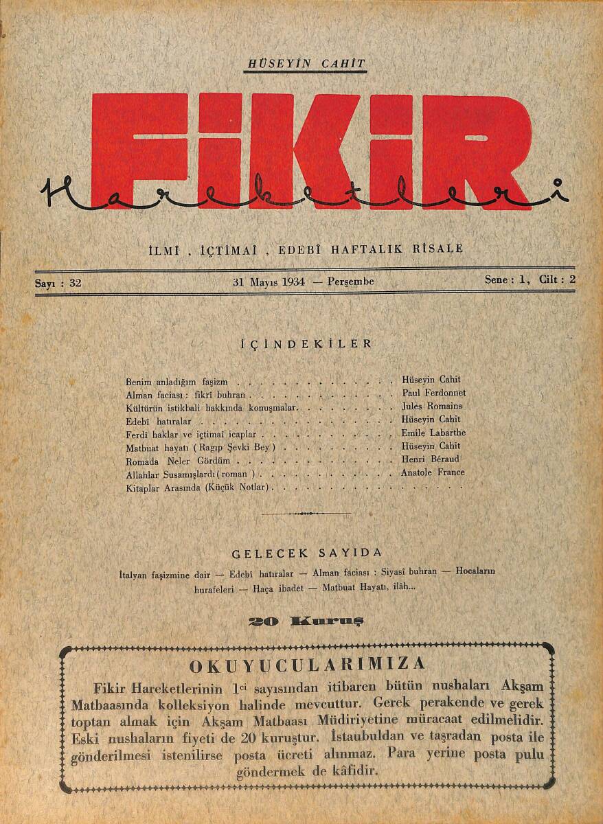 Fikir Hareketleri İlmi, İçtimai, Edebi Haftalık Risale 31 Mayıs 1934 Sayı: 32 - Hüseyin Cahit Yalçın - Anatole France NDR98777 - 1