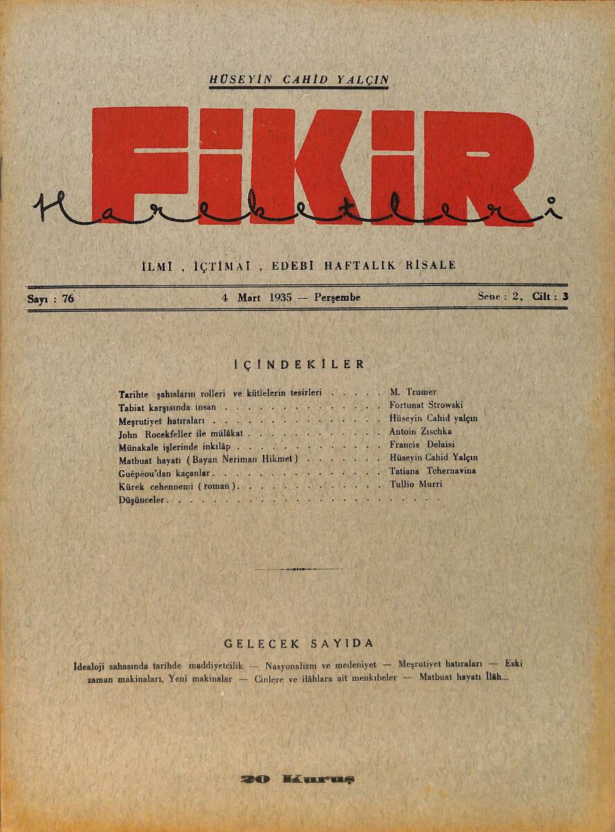 Fikir Hareketleri İlmi, İçtimai, Edebi Haftalık Risale 4 Mart 1935 Sayı: 76 - Hüseyin Cahit Yalçın - Tullio Murri NDR98749 - 1