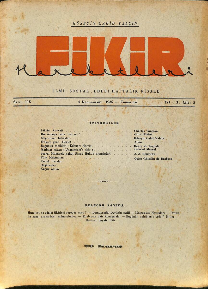 Fikir Hareketleri İlmi, İçtimai, Edebi Haftalık Risale 4 Ocak (Kanunusani) 1936 Sayı: 115 - Hüseyin Cahit Yalçın NDR99407 - 1