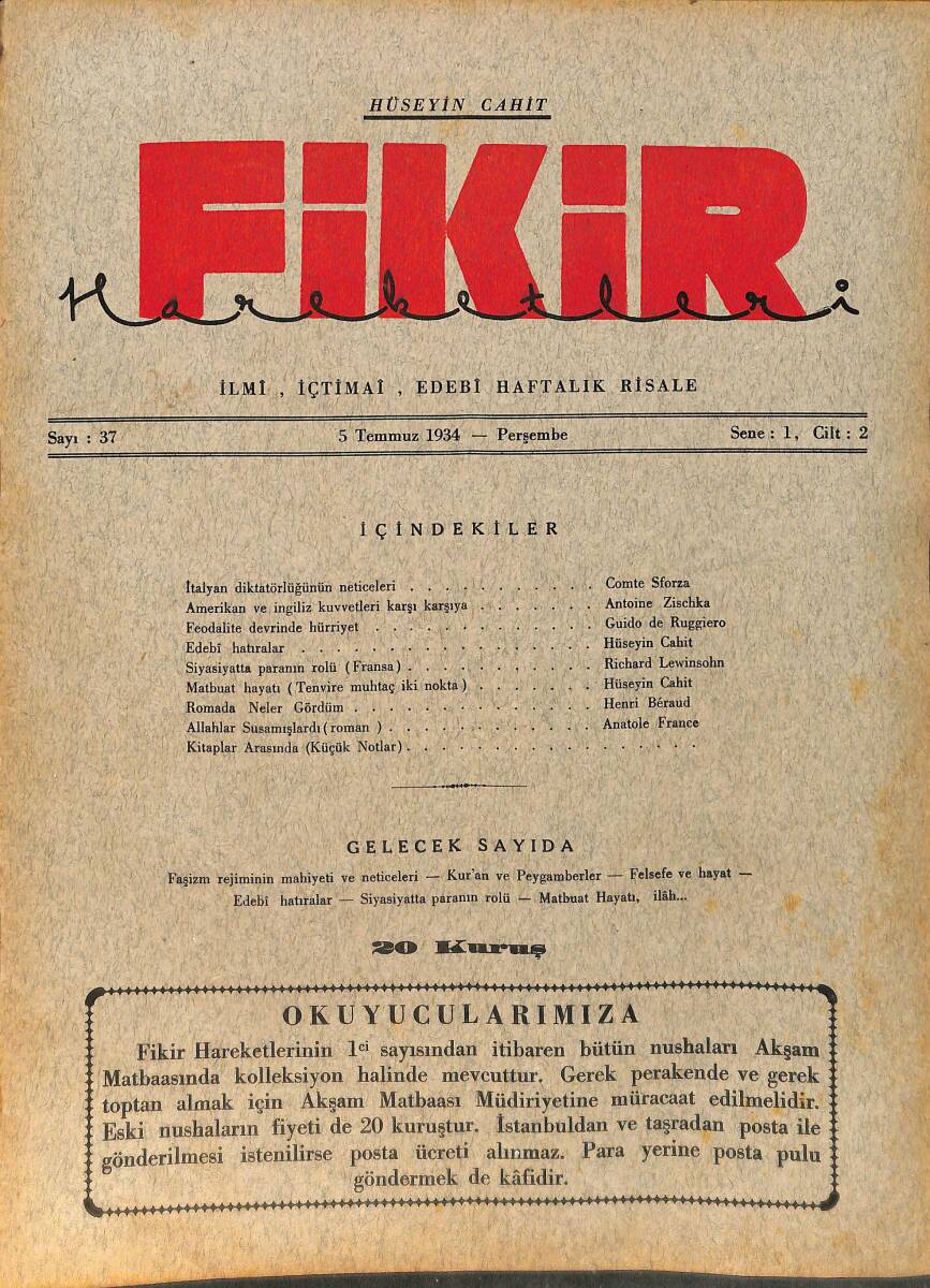 Fikir Hareketleri İlmi, İçtimai, Edebi Haftalık Risale 5 Temmuz 1934 Sayı: 37 - Hüseyin Cahit Yalçın - Anatole France NDR98770 - 1