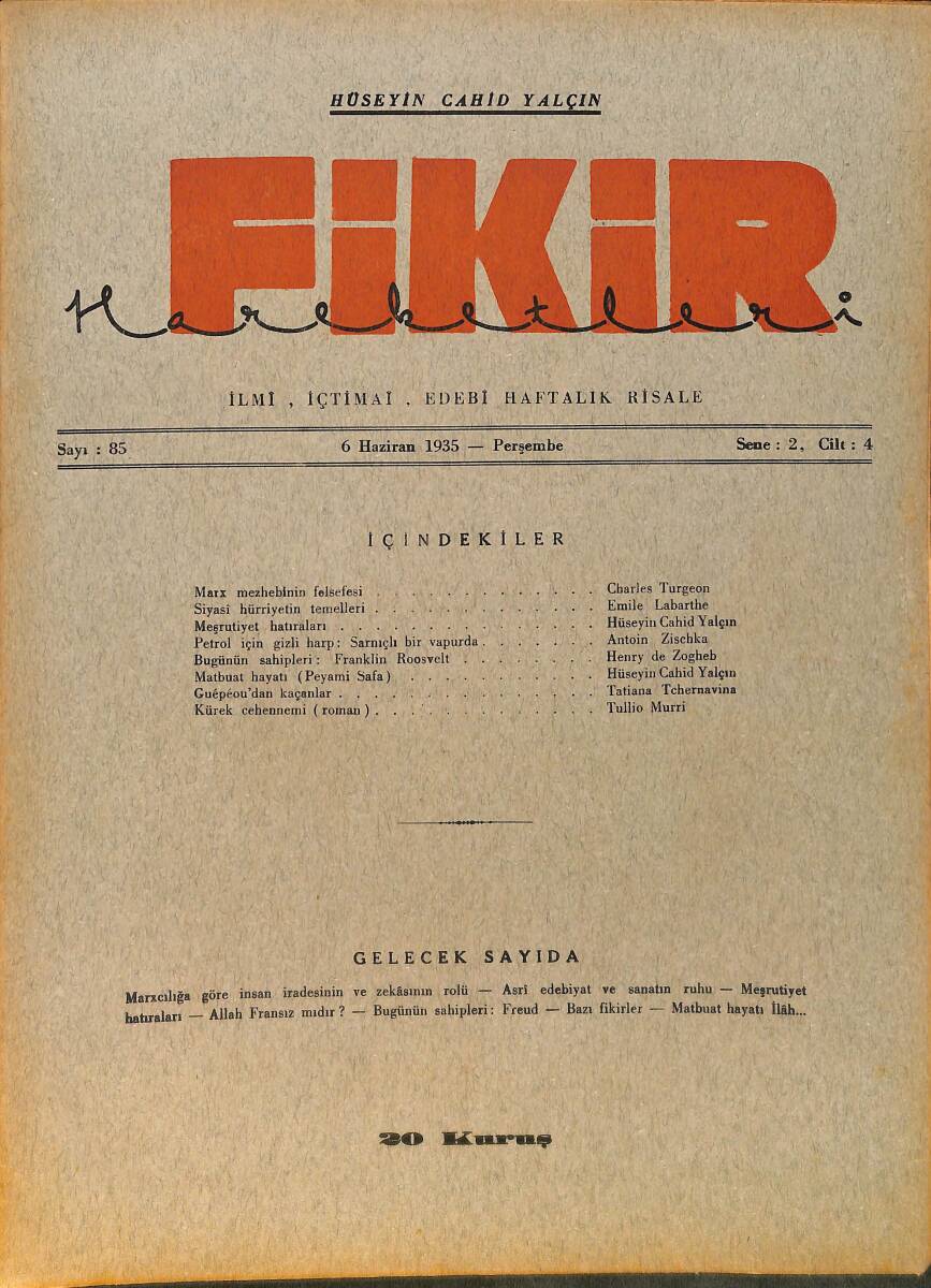 Fikir Hareketleri İlmi, İçtimai, Edebi Haftalık Risale 6 Haziran 1935 Sayı: 85 - Hüseyin Cahit Yalçın - Charles Turgeon NDR98801 - 1