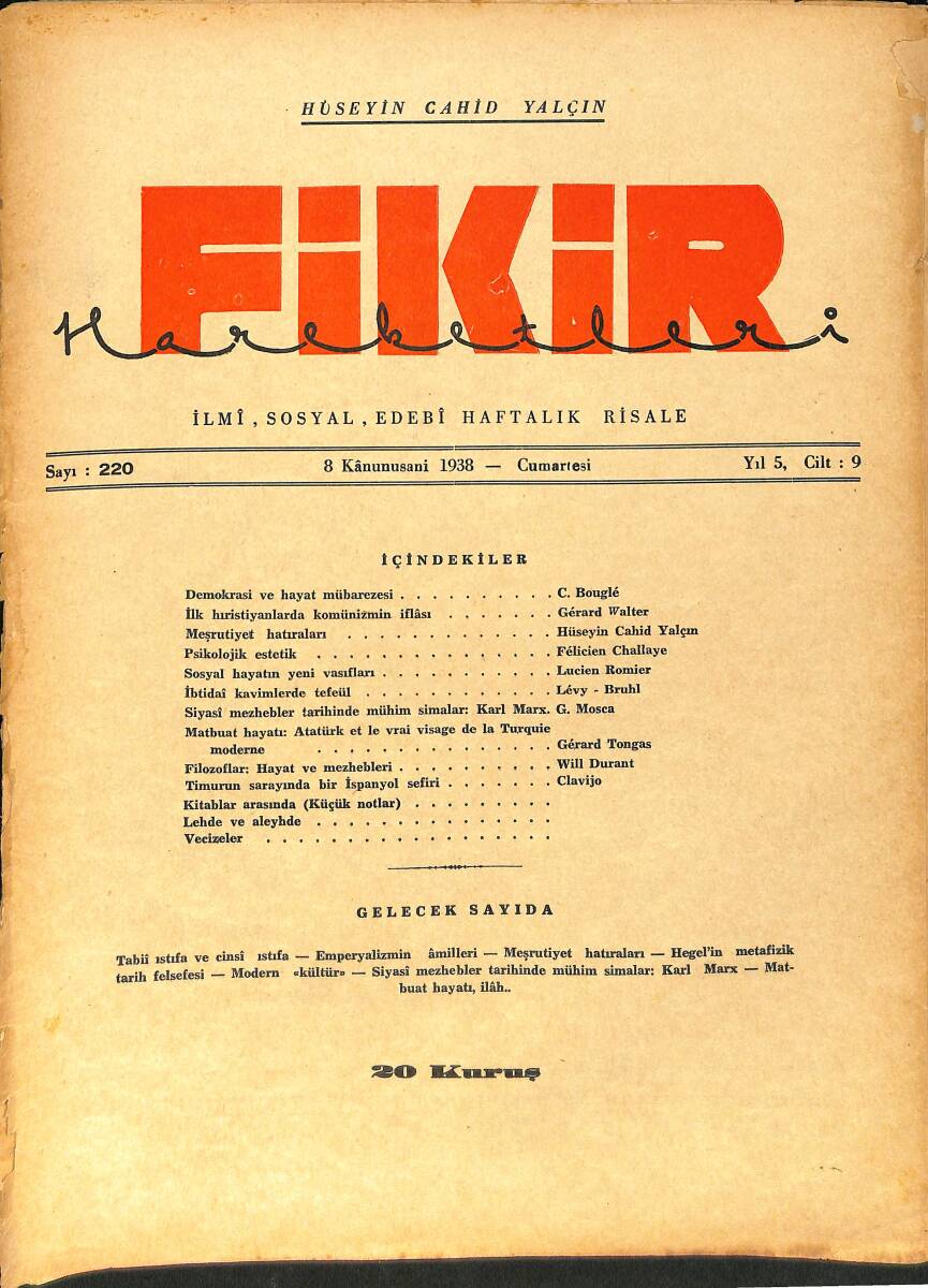 Fikir Hareketleri İlmi, İçtimai, Edebi Haftalık Risale 6 Ocak (Kanunusani) 1938 Sayı: 220 - Hüseyin Cahit Yalçın NDR99448 - 1