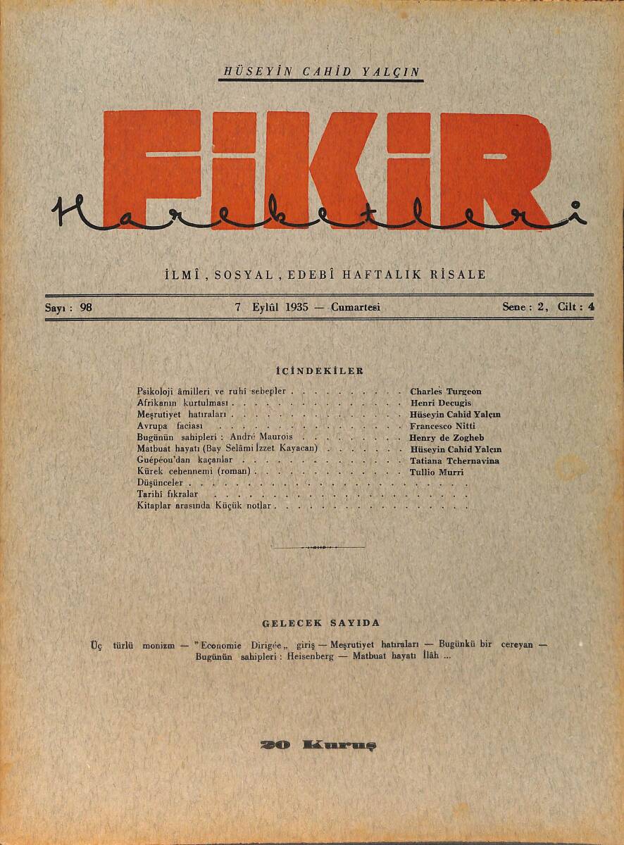 Fikir Hareketleri İlmi, İçtimai, Edebi Haftalık Risale 7 Eylül 1935 Sayı: 98 - Hüseyin Cahit Yalçın - Charles Turgeon NDR98785 - 1