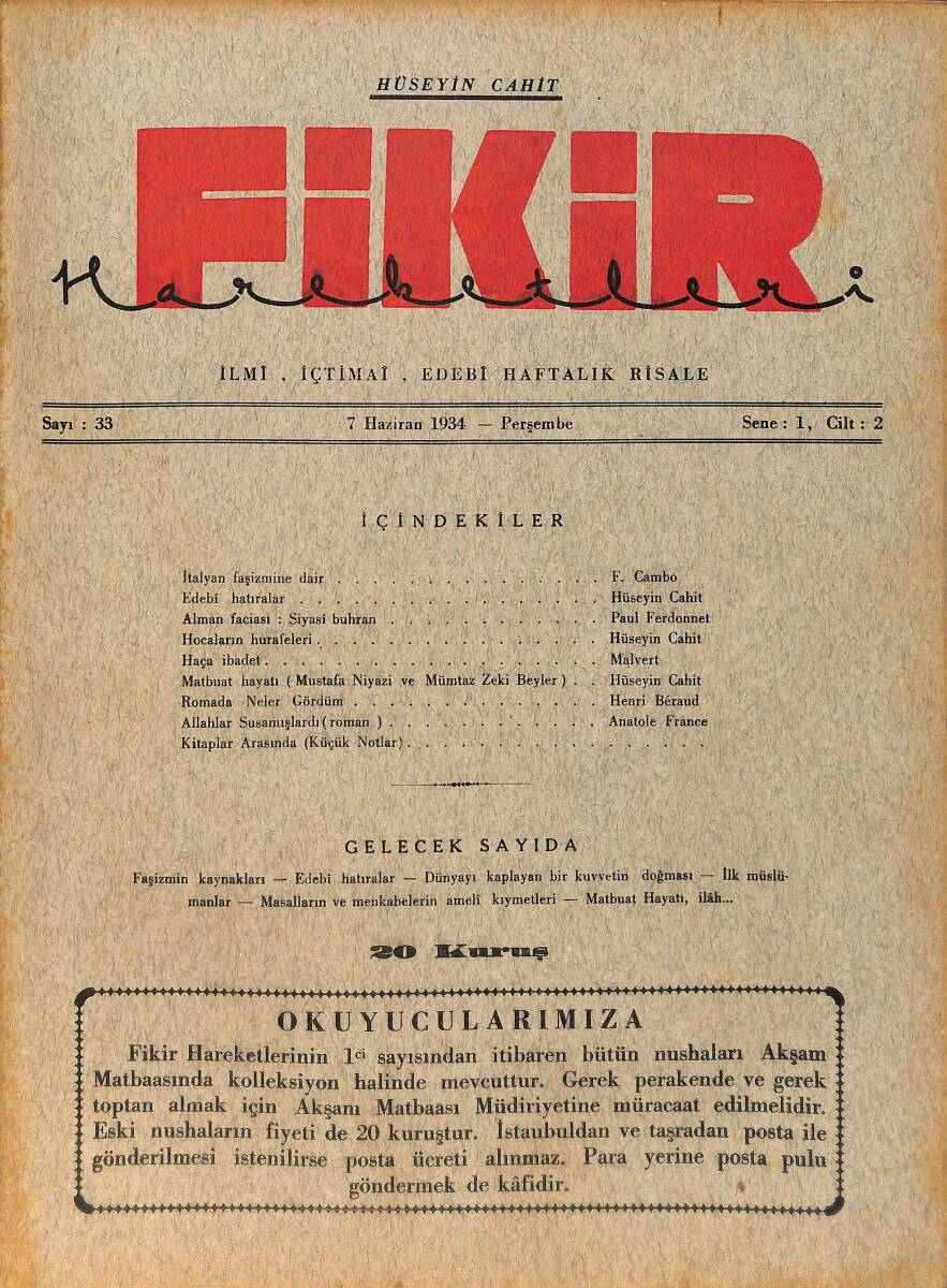 Fikir Hareketleri İlmi, İçtimai, Edebi Haftalık Risale 7 Haziran 1934 Sayı: 33 - Hüseyin Cahit Yalçın - Anatole France NDR98774 - 1