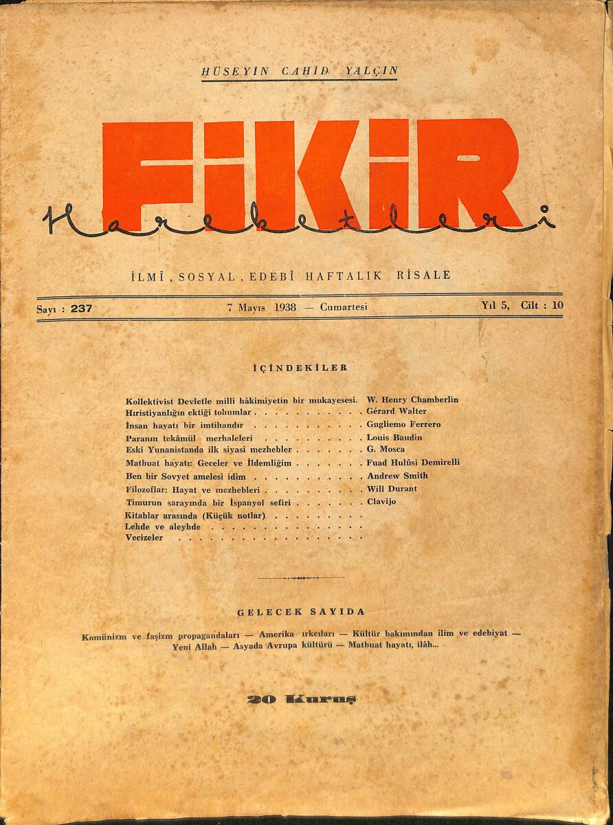 Fikir Hareketleri İlmi, İçtimai, Edebi Haftalık Risale 7 Mayıs 1938 Sayı: 237 - Hüseyin Cahit Yalçın NDR99433 - 1
