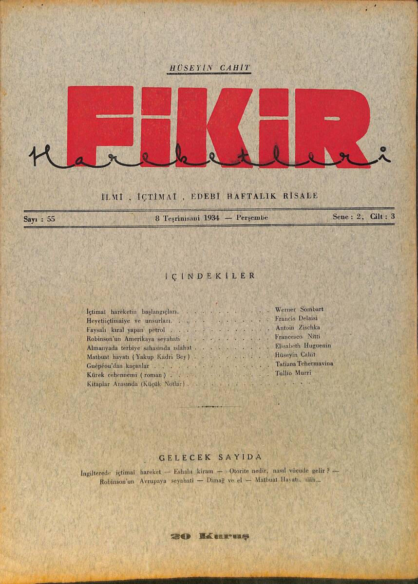 Fikir Hareketleri İlmi, İçtimai, Edebi Haftalık Risale 8 Kasım (Teşrinisani) 1934 Sayı: 55 - Hüseyin Cahit Yalçın - Werner Sombart NDR98798 - 1