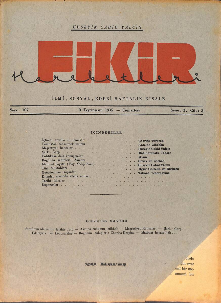 Fikir Hareketleri İlmi, İçtimai, Edebi Haftalık Risale 9 Kasım (Teşrinisani) 1935 Sayı: 107 - Hüseyin Cahit Yalçın - Charles Turgeon NDR98791 - 1