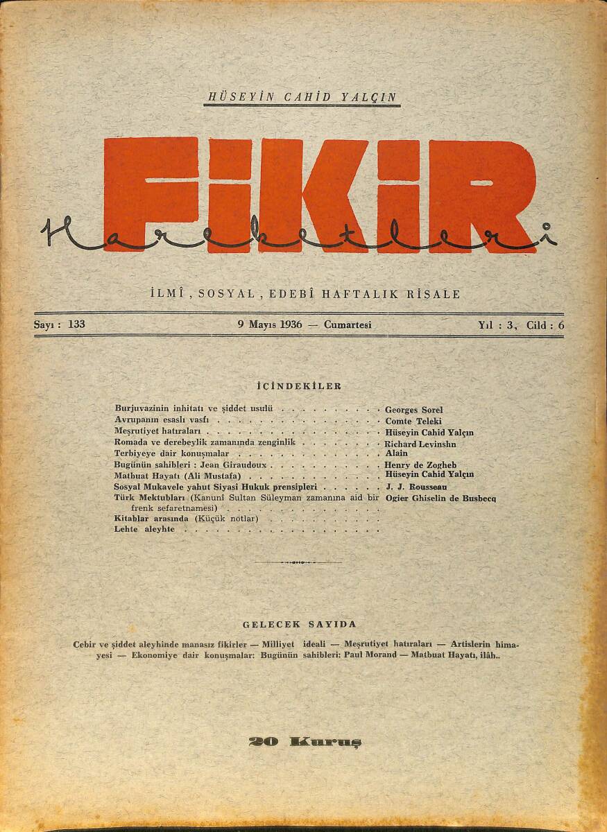 Fikir Hareketleri İlmi, İçtimai, Edebi Haftalık Risale 9 Mayıs 1936 Sayı: 133 - Hüseyin Cahit Yalçın NDR99406 - 1