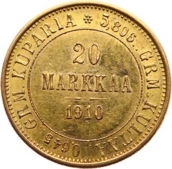 Finlandiya 20 Markka 1910 Aleksandr II Nikolas II - Altın YMP10916 #980 - 1