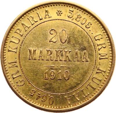 Finlandiya 20 Markka 1910 Aleksandr II Nikolas II - Altın YMP10916 #980 - 1