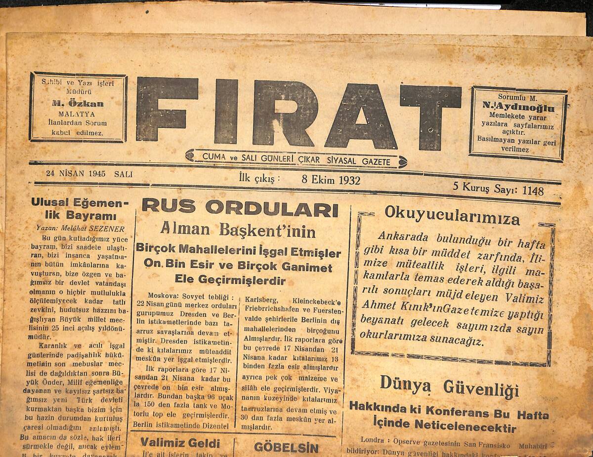 Fırat Gazetesi 8 Ekim 1932 - Rus Orduları Alman Başkenti'nin Birçok Mahallelerini İşgal Etmiştir GZ136723 - 1