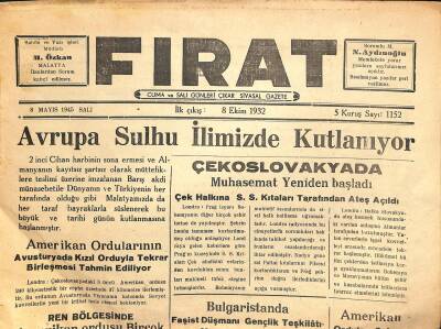Fırat Gazetesi 8 Mayıs 1945 - Çek Radyosu Göbelsin Öldüğünü Bildiriyor - Avrupa Sulhu İlimizde Kutlanıyor GZ122183 - 1