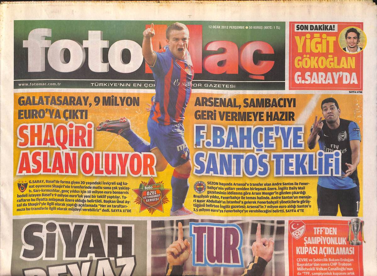 Foto Maç Gazetesi 12 Ocak 2012 - Fenerbahçe'ye Santos Teklifi - Yiğit Gökoğlan Galatasaray'da GZ135728 - 1