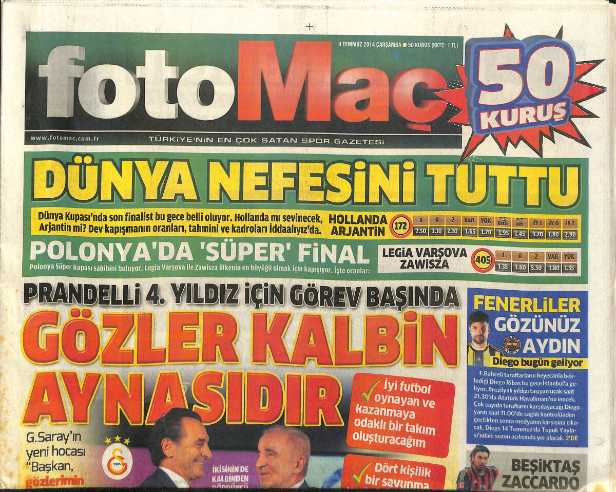 Foto Maç Gazetesi 9 Temmuz 2014 - Prandelli 4. Yıldız İçin Görev Başında - Göğsümüz Arda İle Kabarıyor GZ155272 - 1