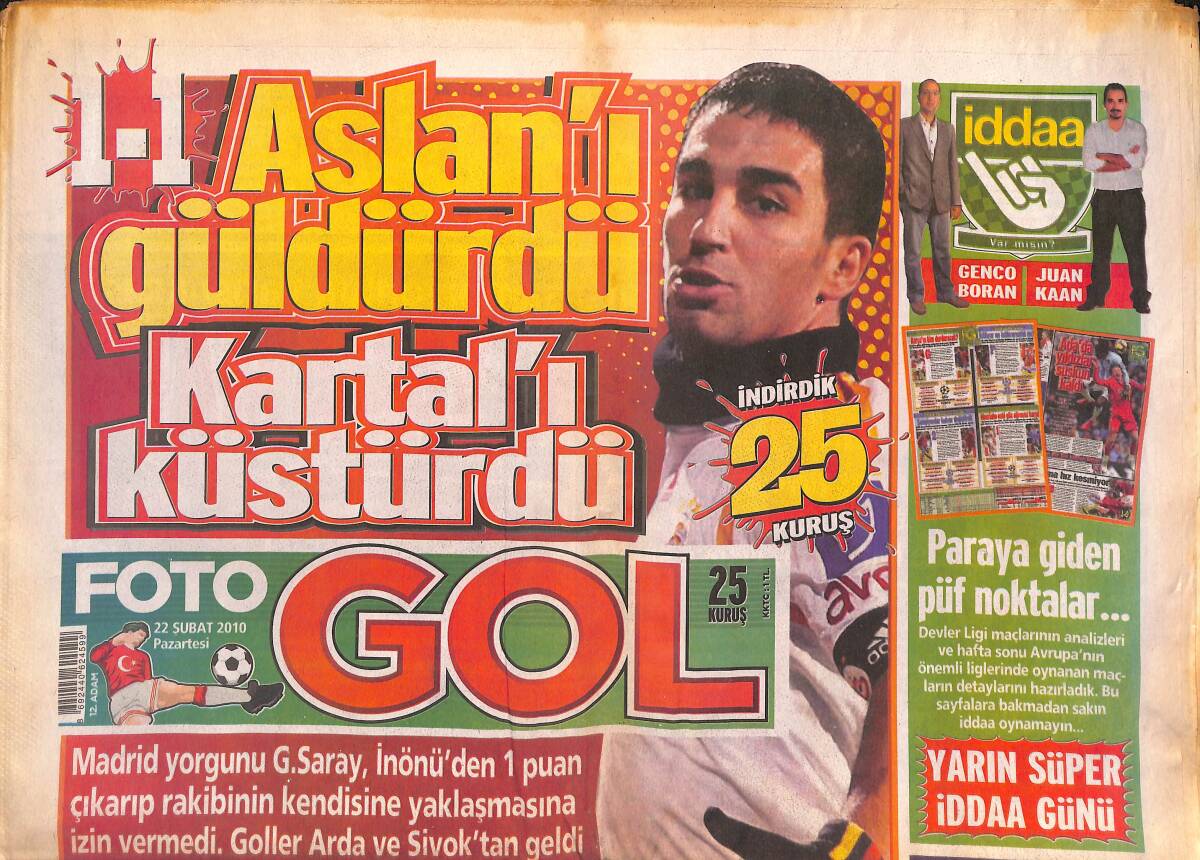 Fotogol Gazetesi 22 Şubat 2010 - Galatasaray , İnönü'den 1 Puan Çıkarıp Rakibinin Kendisine Yaklaşmasına İzin Vermedi GZ134833 - 1