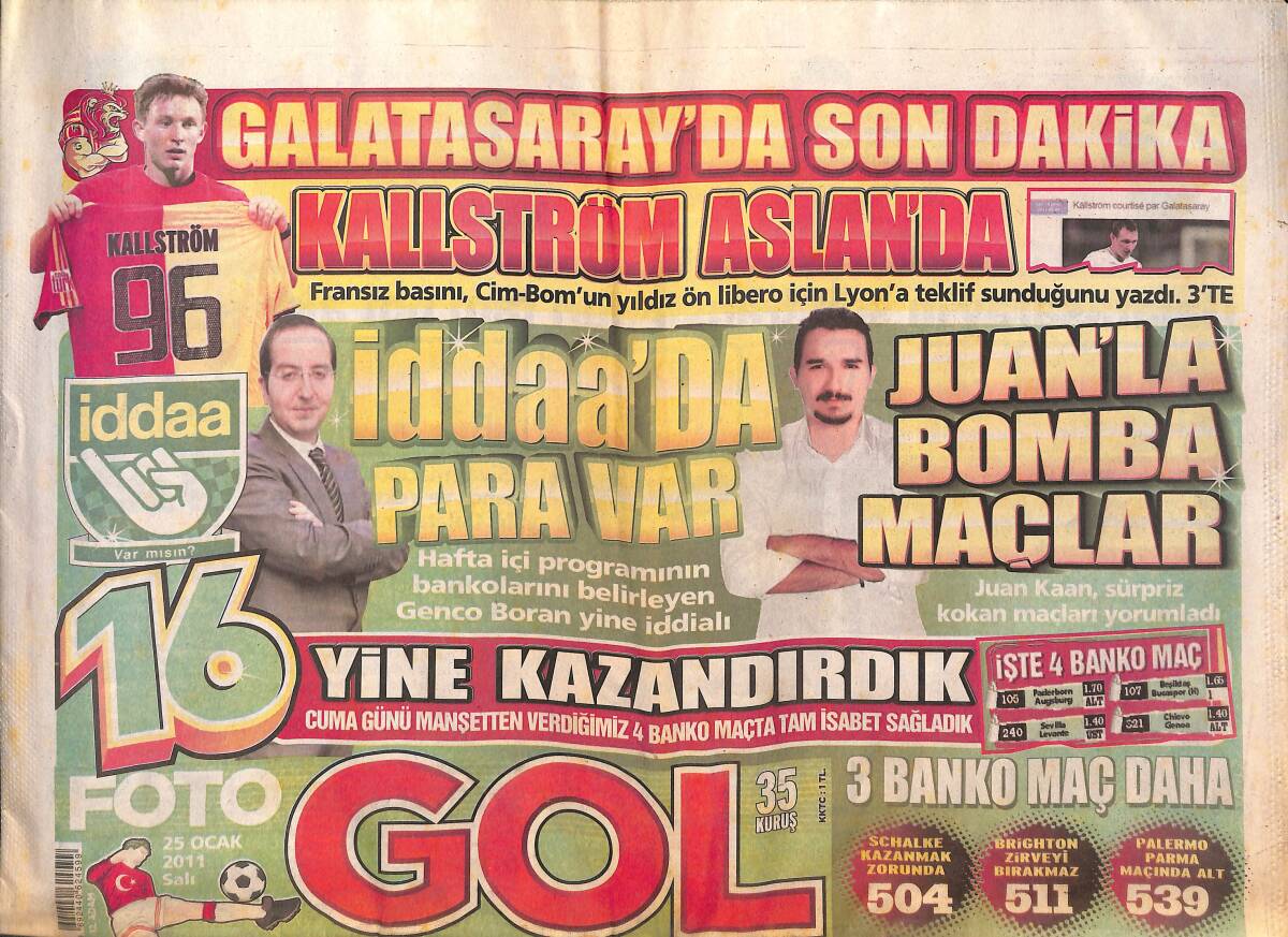 Fotogol Gazetesi 25 Ocak 2011 - Beşiktaş'ın Büyük Kozu Guti - Trabzon'da Güneş Patlaması GZ134804 - 1