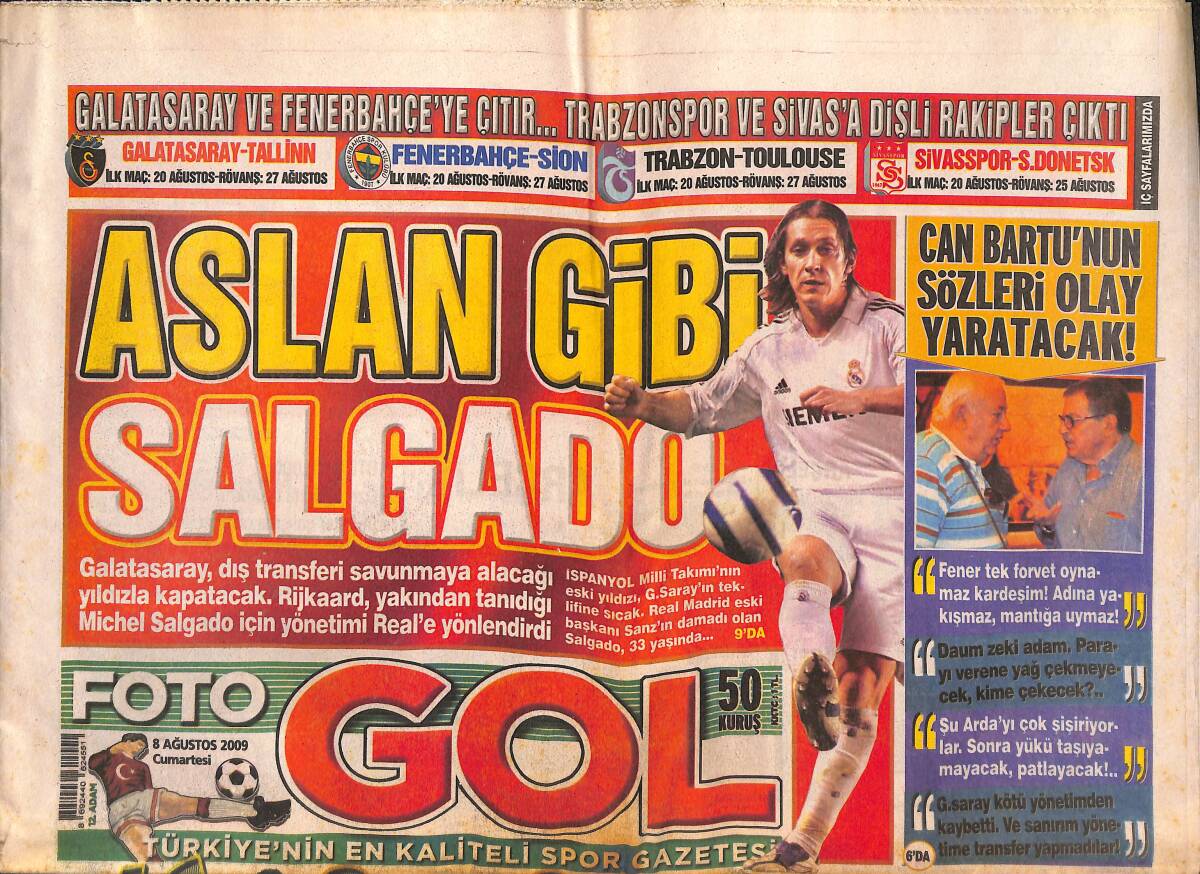 Fotogol Gazetesi 8 Ağustos 2009 - Can Bartu'nun Sözleri Olay Yaratacak - Gabric Geldi İmzayı Bastı GZ134870 - 1