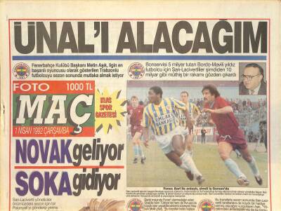 Fotomaç Gazetesi 1 Nisan 1992 - Koseckiden Mutluluk Şarkısı - Novak Geliyor Soka Gidiyor GZ126697 - 1