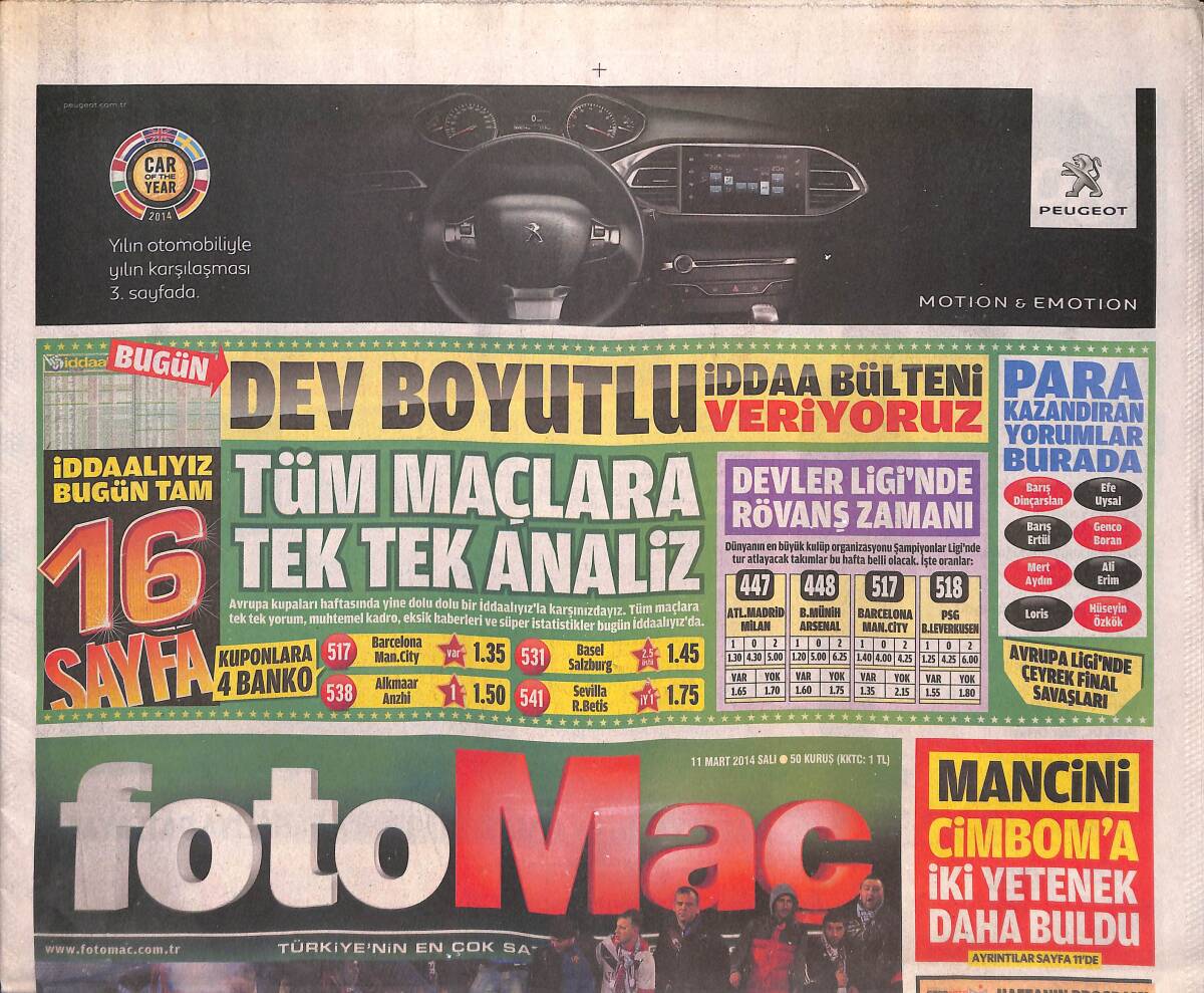 Fotomaç Gazetesi 11 Mart 2014 - Mancini Cimbom'a İki Yetenek Daha Buldu GZ134838 - 1