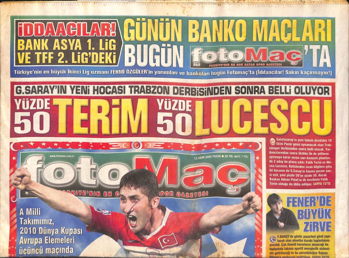 Fotomaç Gazetesi 12 Ekim 2008 - Trabzon'a Gillet Önerisi - Beşiktaş'ta Sistem Değişiyor GZ134868 - 1