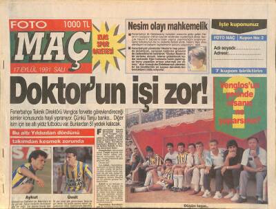 Fotomaç Gazetesi 17 Eylül 1991 - Gersona Kart Freni - Milnenin Sırrı ! GZ126707 - 1