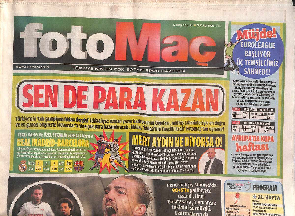 FOTOMAÇ Gazetesi 17 Ocak 2012 - Fenerbahçe Yiğit İncedemir'le Kazandı, Nobre, Lefter GZ134825 - 1