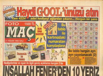 Fotomaç Gazetesi 21 Nisan 1992 - Cimbomun Yabancıları İstenmiyor - Mustafa Denizli Gitsin Gordon Gelsin GZ126706 - 1
