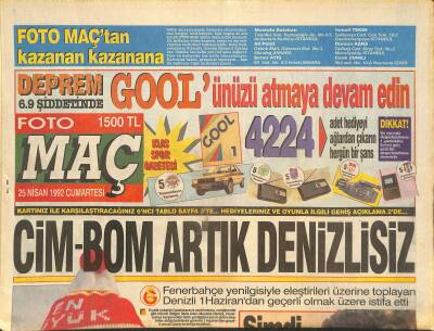 Fotomaç Gazetesi 25 Nisan 1992 - Galatasarayın Gözü Sanchezde - Cim-Bom Artık Denizlisiz GZ126703 - 1
