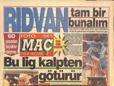 Fotomaç Gazetesi 3 Nisan 1992 - Dr. Venglos Penaltı Bekleyenlere Kızdı - Mustafa Denizli Takımıyla Övünüyor GZ126698 - 1