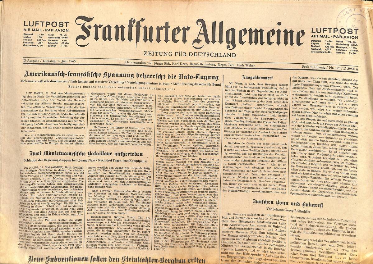 Franffurter Allgemeine 1 Juni 1965 - Amerikanildj- Franzöhldje Spannung Beherrldjt Die Uata- Tagung GZ141334 - 1