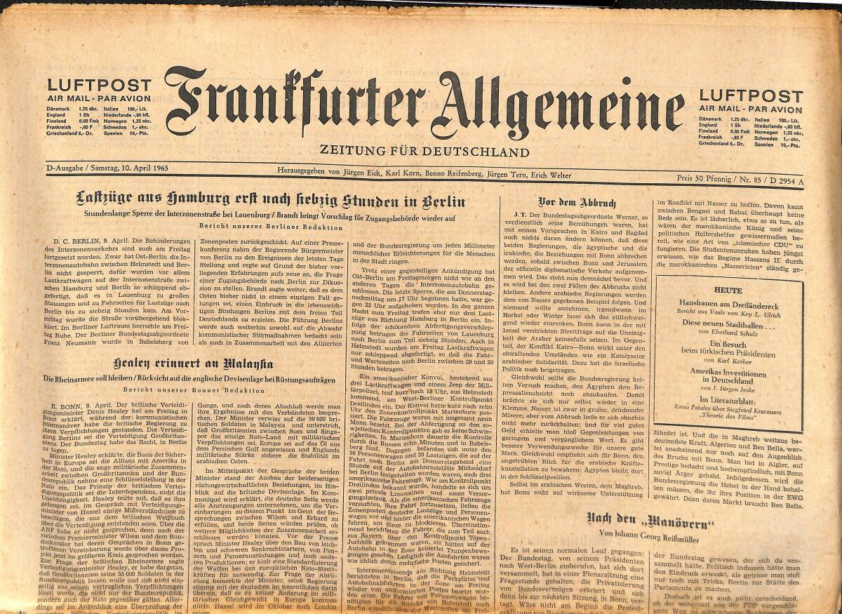 Franffurter Allgemeine 10 April 1965 - Genley Erinnert An Italaylia GZ141332 - 1