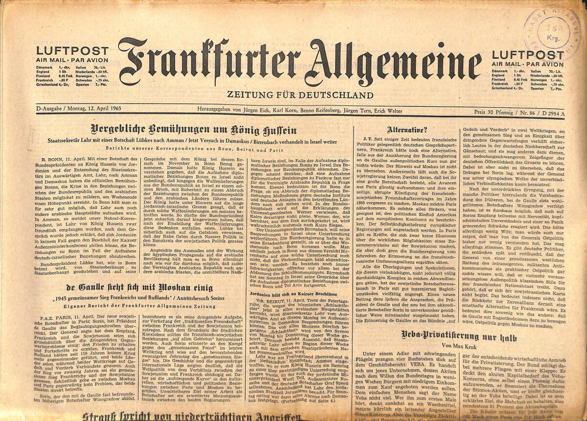 Franffurter Allgemeine 12 April 1965 - Uergeblidge Bemühungen Um König Sullein GZ141333 - 1
