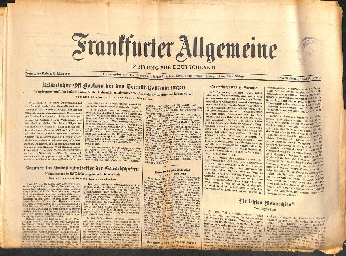 Franffurter Allgemeine 13 Marz 1964 - Rürkzieher Oft-Berlins Bei Den Frankht-Beltimmungen GZ141886 - 1