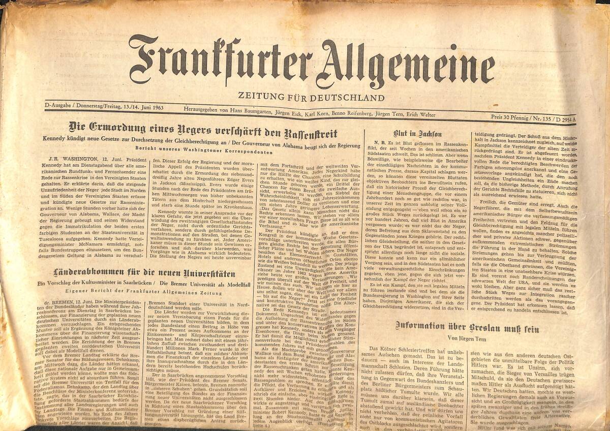 Franffurter Allgemeine 14 Juni 1963 - Die Frmordung Eines Uegers Verldjörft Den Rallenareit GZ141885 - 1
