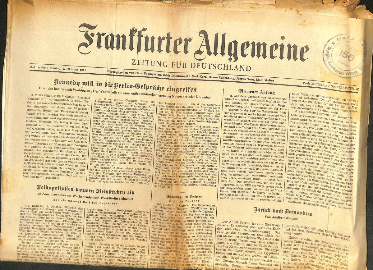 Franffurter Allgemeine 2 Oktober 1961 - Kennedy Will İn Die Berlin - Gelprödje Eingreifen GZ141628 - 1