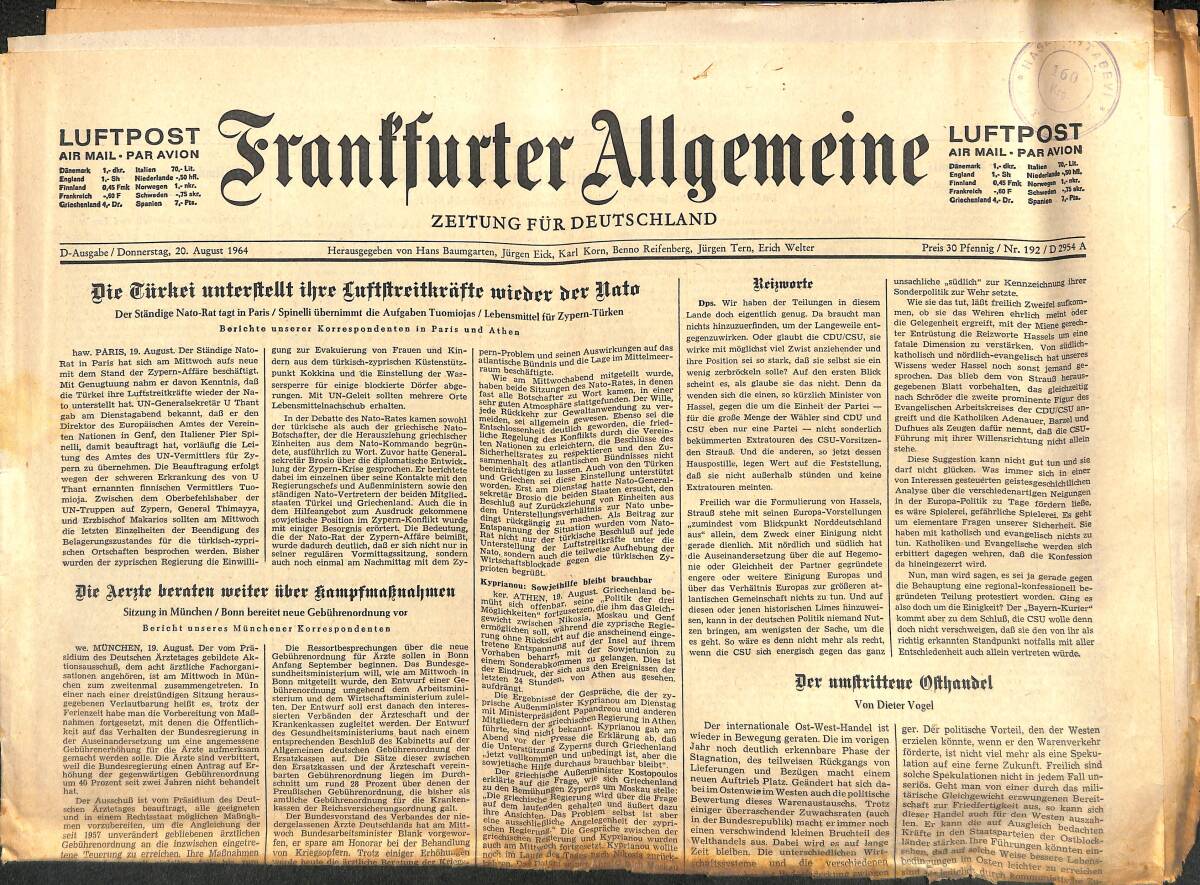 Franffurter Allgemeine 20 August 1964 - Die Türkei Unterftrllt Luftltreitkröfte Mieder Der Uata GZ141887 - 1
