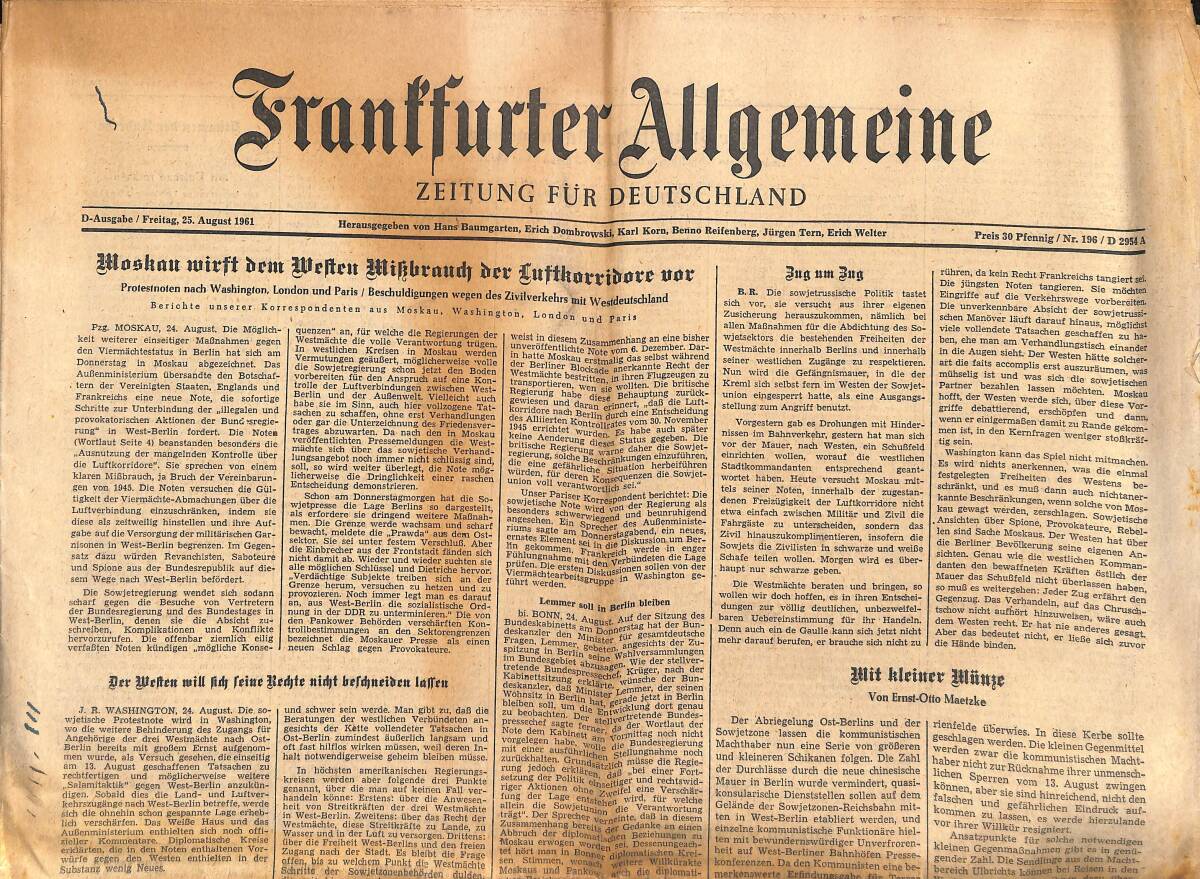 Franffurter Allgemeine 25 August 1961 - Moskan Wirft Dem Weften Mikbraudy Der Luftkorridore Vor GZ141884 - 1