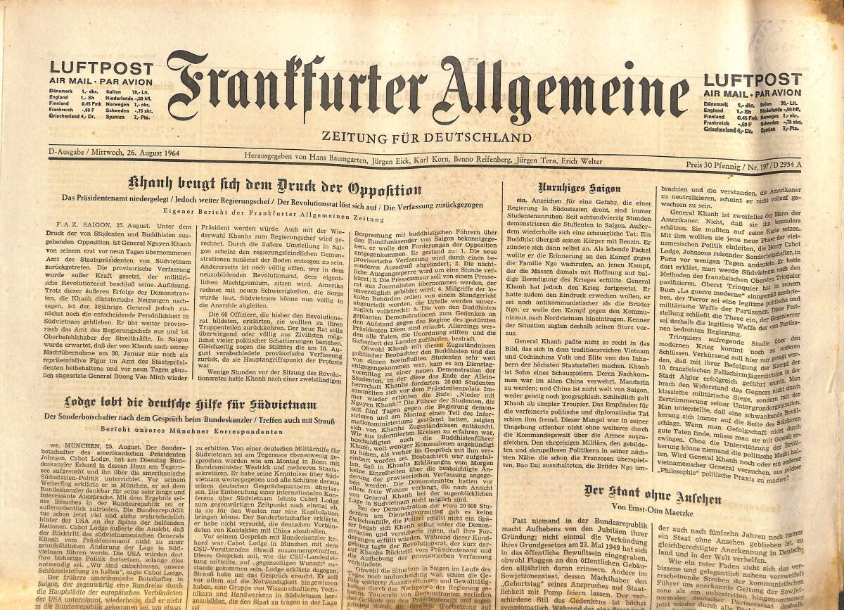 Franffurter Allgemeine 26 August 1964 - Khanh Beugt Hdj Dem Drurk Der Oppolition GZ141888 - 1