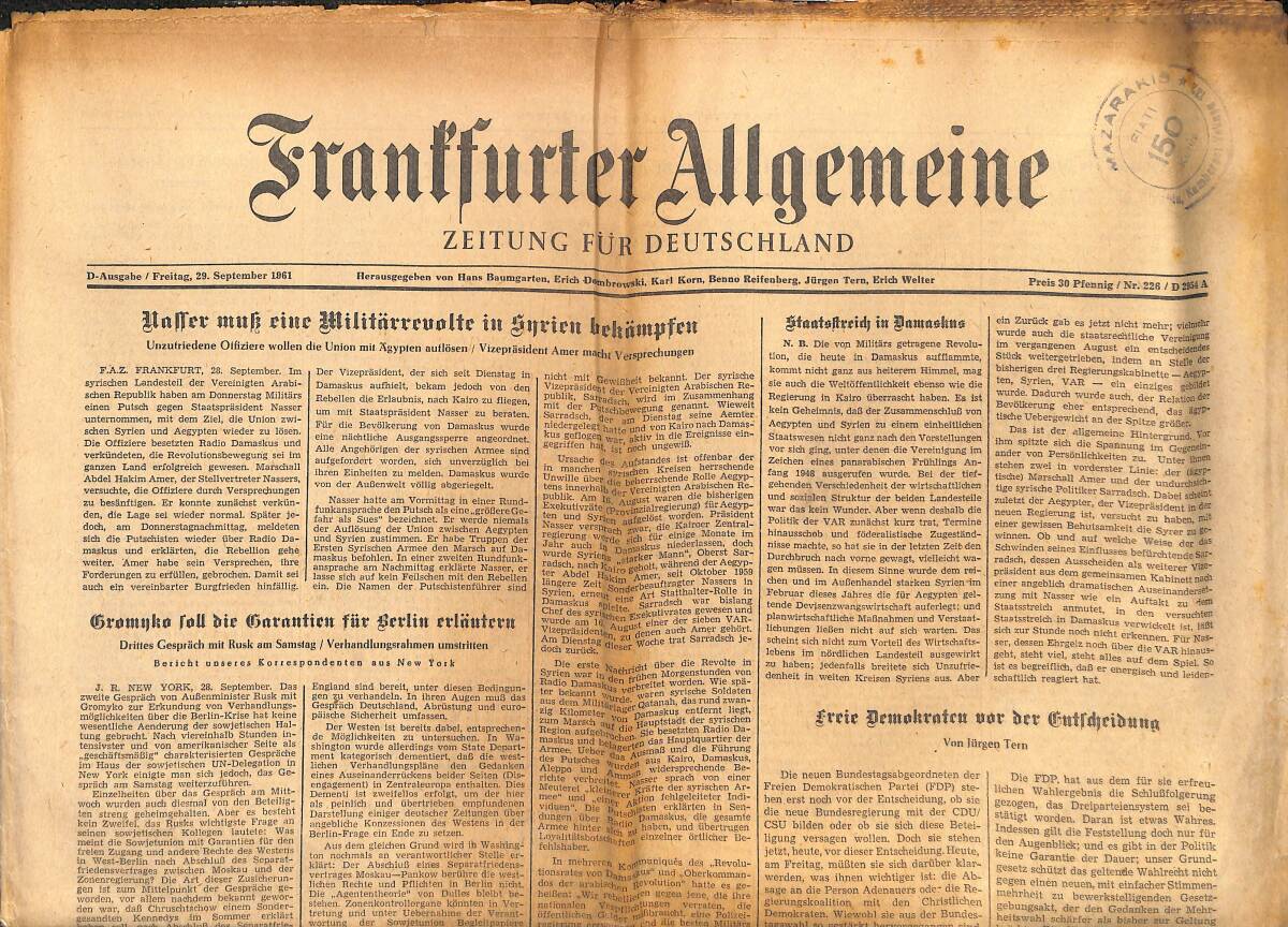 Franffurter Allgemeine 29 September 1961 - Ualler Muk Eine Militörrevolte İn Snrien Bekömpfen GZ141883 - 1